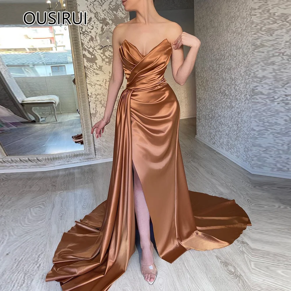 

OUSIRUI Simple Off the Shoulder Satin Pleated V-neck Evening Dress Sexy Mermaid Side Slit Court Evening Gown vestidos de festa