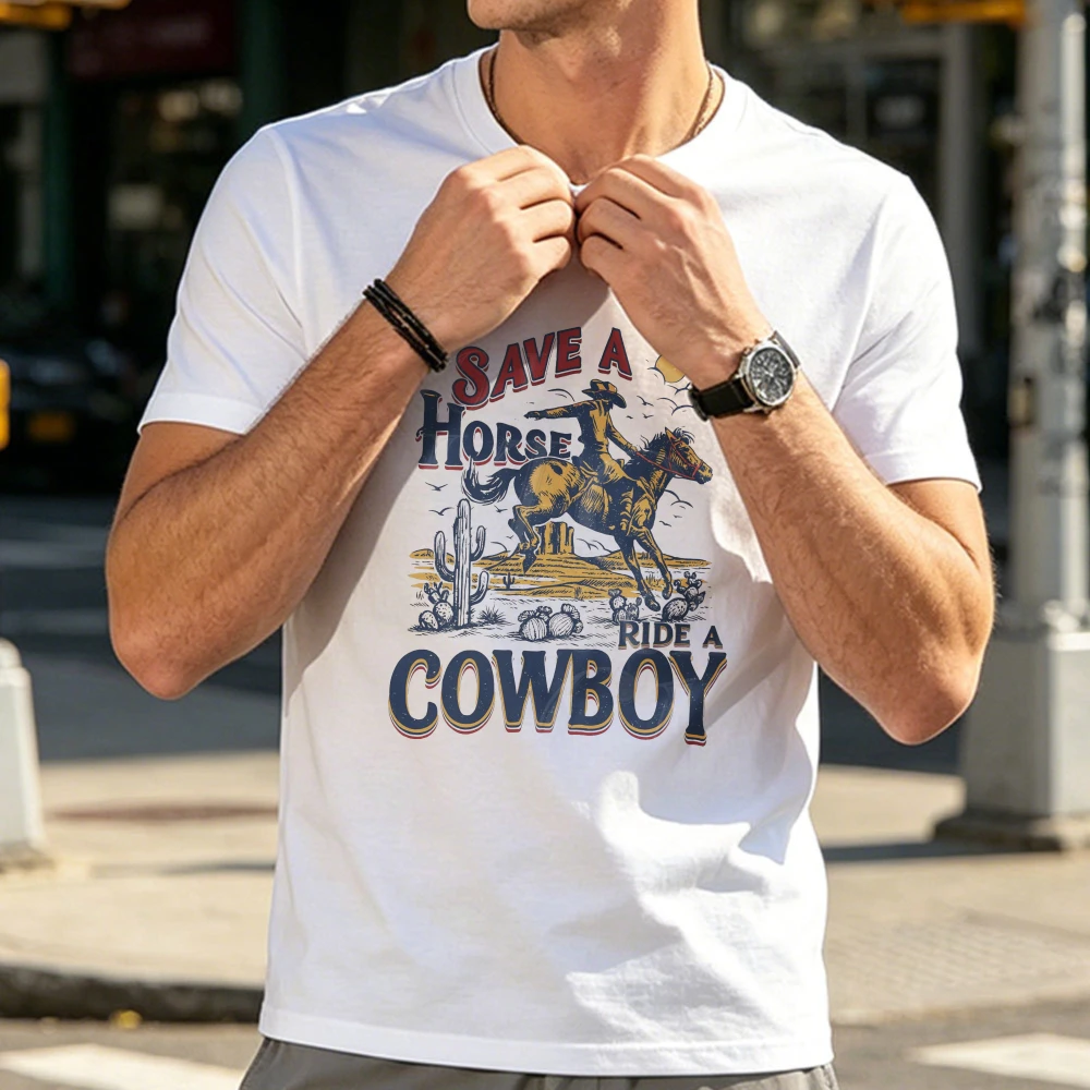 Save A Horse Ride A Cowboy Vintage Desert Cactus Horse Rider Cotton Men Tee Retro Western Cowboy Graphic Tops Country Ranch Tees