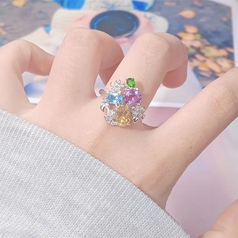 Natural topaz diopside citrine amethyst ring women's s925 sterling silver multi-color treasure live broadcast explosion