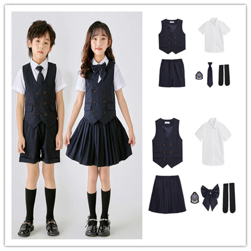 Kids British Style Striped Vest Shirt Pants/Skirt 3PCS School Uniform Boys Girls Graduation Chorus Piano Performance Suits