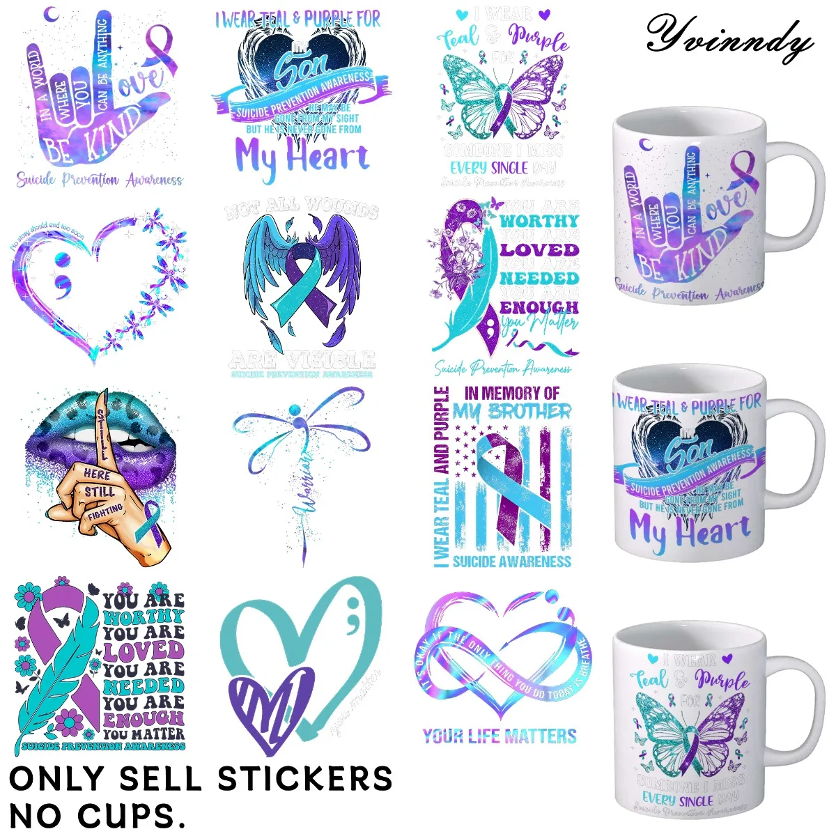 Mark Cup Wraps, 12 piezas Concientización de patrones de prevención de suicidas Diseños aleatorios Papel de transferencia UV DTF impermeable