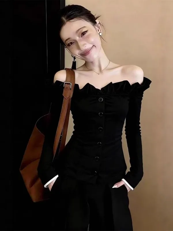 

Spring 2026 Women's Black Long Sleeve Shoulder Bared Shirt Lace Trim Fashionable Casual Comfortable Breathable Stylish Top