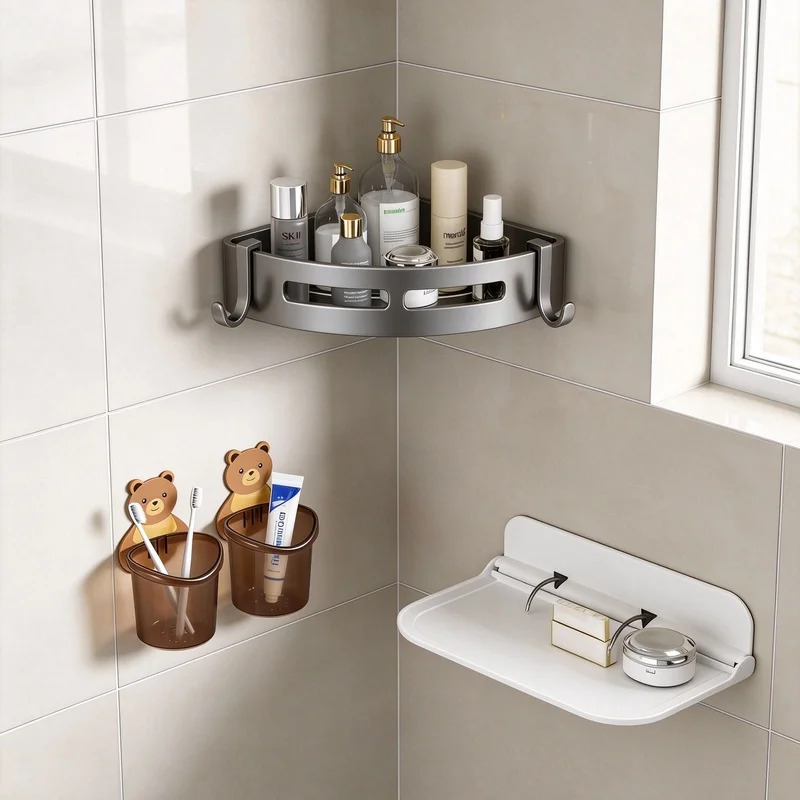 No Drill Bathroom Storage Set, Foldable Wall Shelf, Corner Shower Caddy, Cute Bear Toothbrush Holder, Waterproof Bathroom Organi