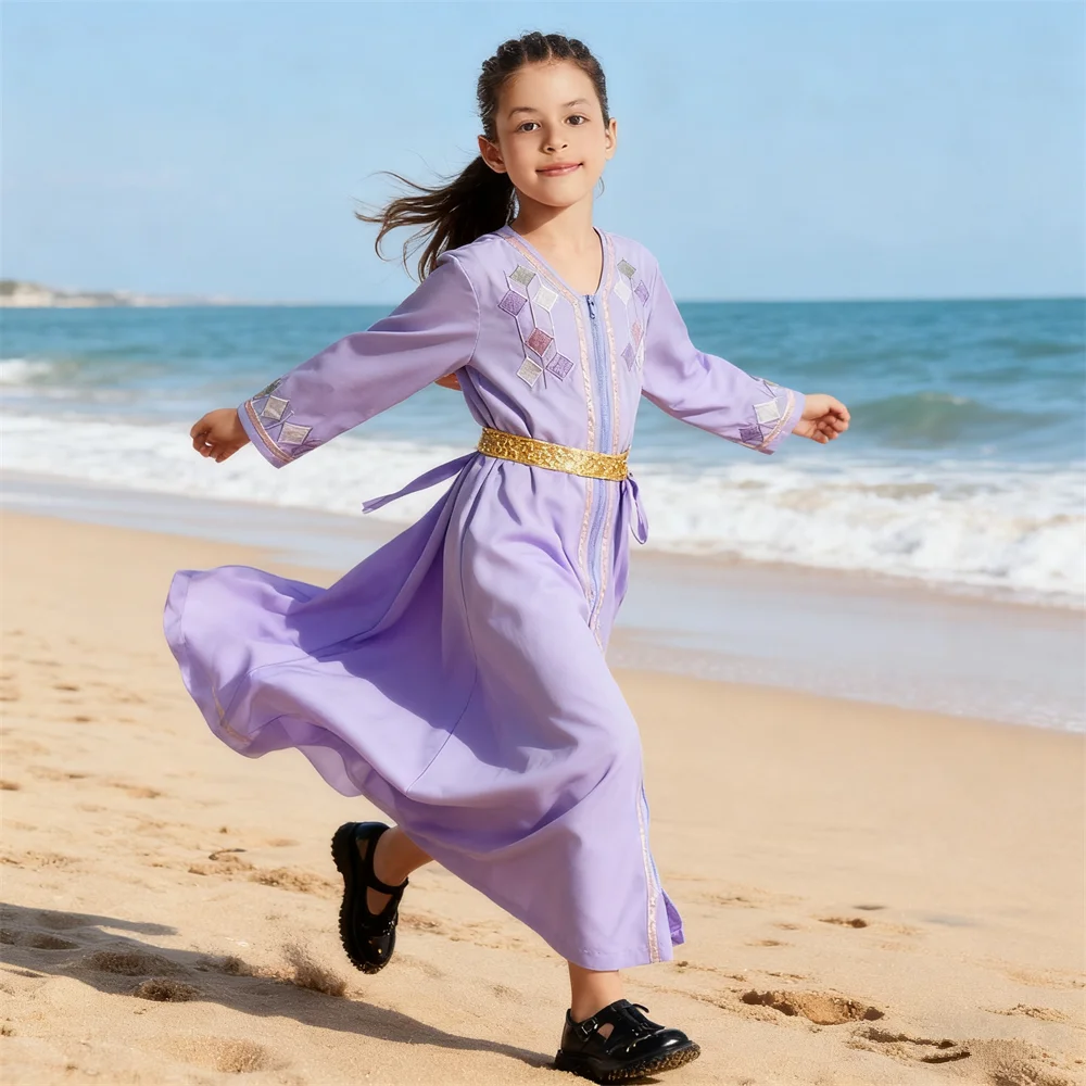 

Eid Ramadan Girls Kids Maxi Dress Muslim Abaya Zipper Open Front Kaftan Islam Djellaba Robe Morocco Caftan Gown Prayer Clothing