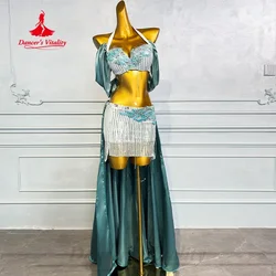 BellyDance Performance Costume Set Customization AB Stones Tassel Bra+senior Satin Long Skirt 2pcs Women Oriental Dance Clothing