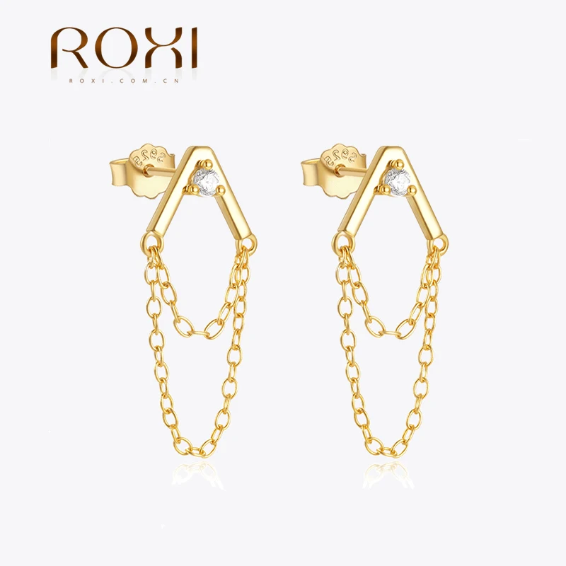 

ROXI 925 Sterling Silver Double Tassels Chain Cubic Zircon piercing Earrings for Women 18K Gold Pata Stud Earring Party Jewelry