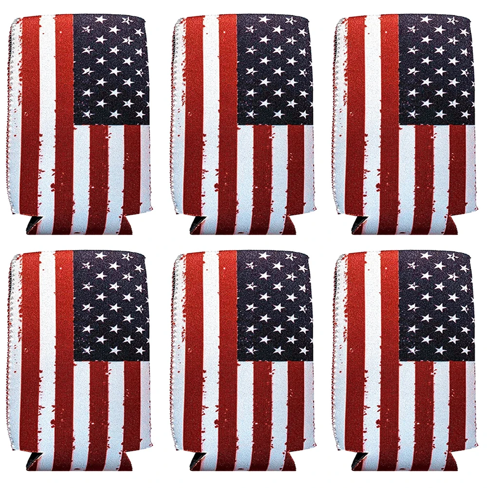 

6pcs Beer Cooler Can Sleeves Neoprene American Flag Party Supplies Insulated Drink Cover Beverage Cans Long Lasting Foldable