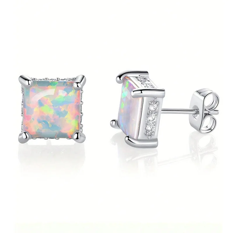 

Apexelle Brand Fashion Jewelry Copper Earrings For Women Square Opal Stud Earrings Four Prong Setting Fine Jewelry