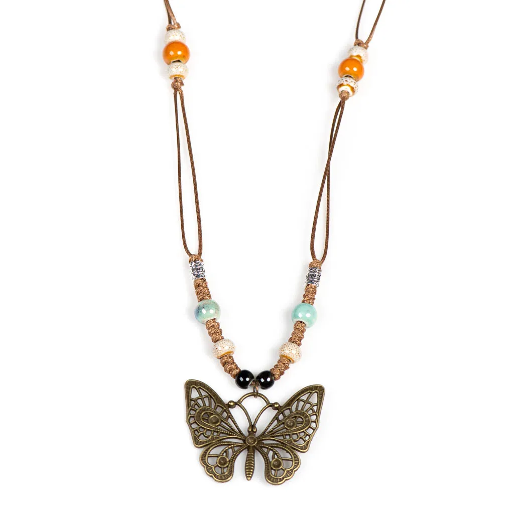 Vintage Bohemian Ethnic Style Handmade Braided Butterfly Necklace, Ceramic and Alloy Materials 2X839C