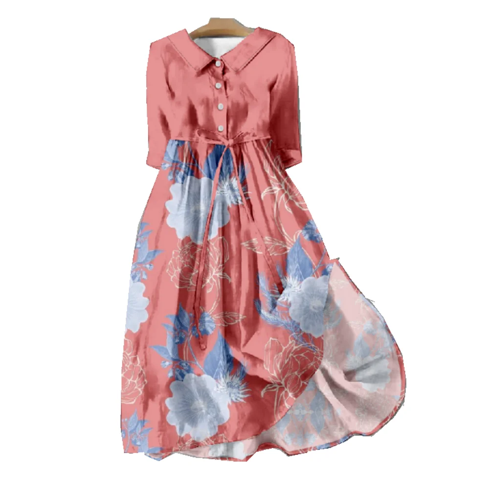 Grils Knee-length Button Dresses With Lapel Waist Strap Mid-length Sleeve V-neck Flower Floral Dress Field Style For Women