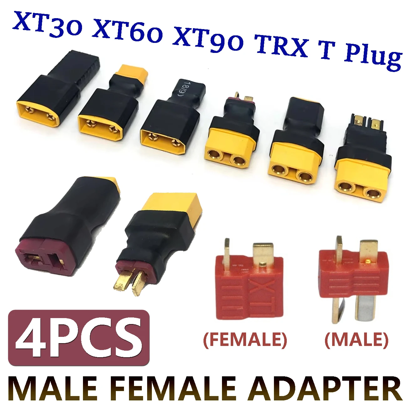 4PCS Male Female Adapter to XT30 XT60 XT90 TRX T Plug Adapter Connector for RC Lipo Battery Car Aircraft Drone RC Boat DIY Part