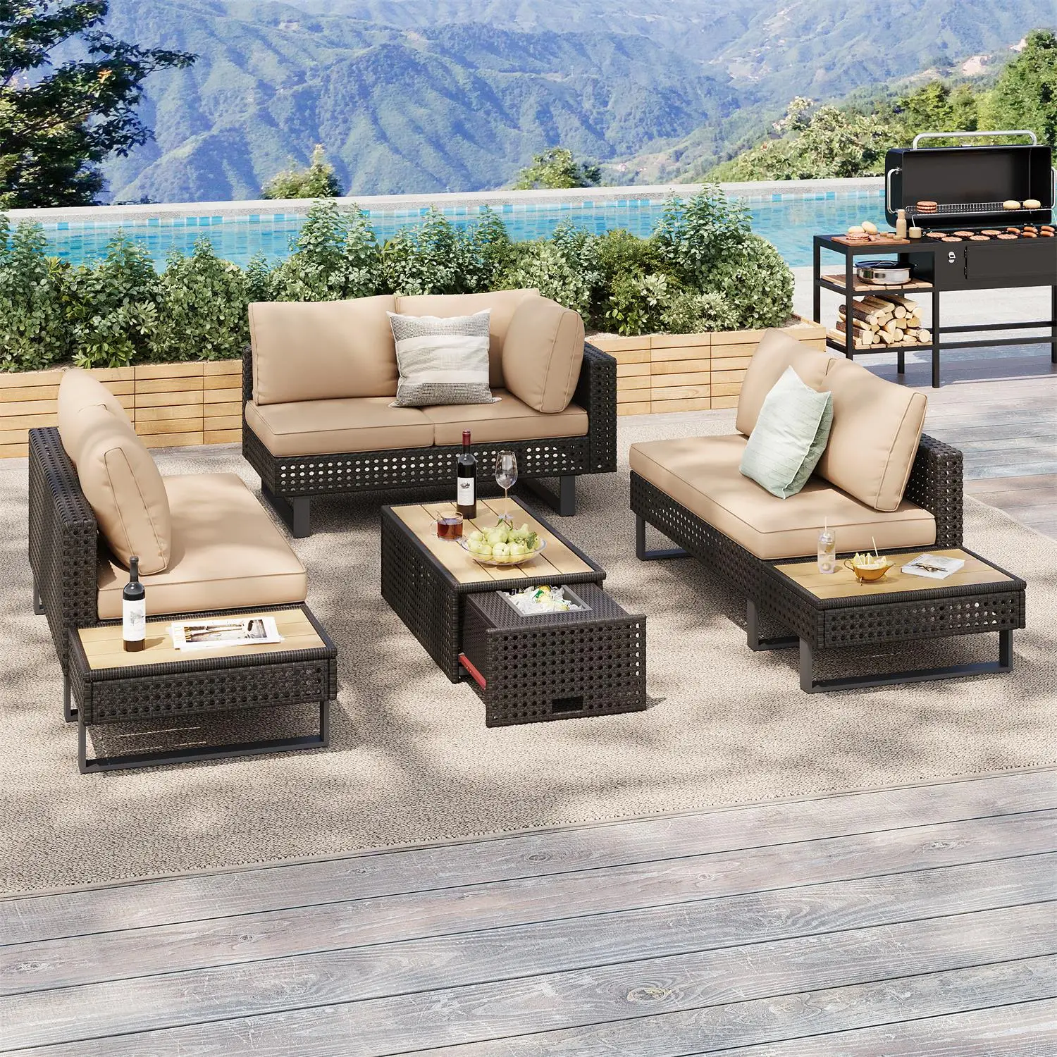 

4 Pieces Diamond Weave Patio Sectional Furniture Set With Extendable Coffee Table with Ice Bucket for Backyard in Khaki+Brown