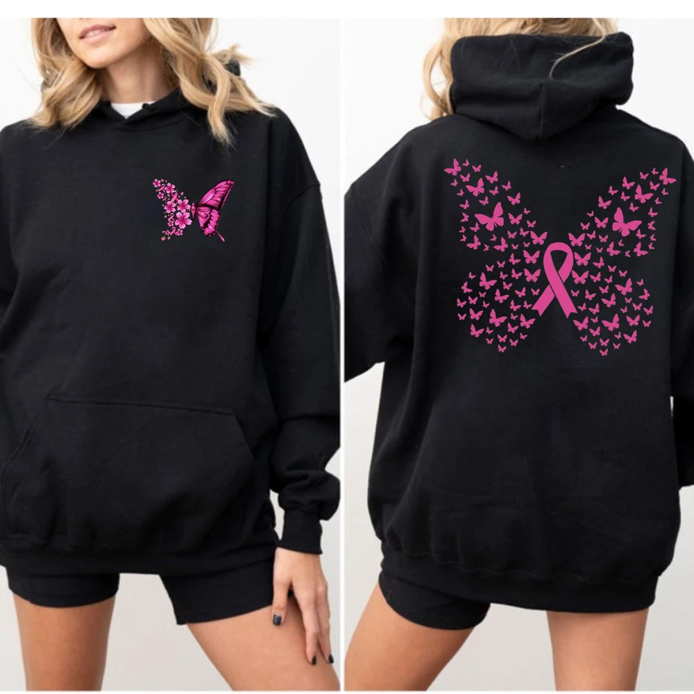 October Pink Ribbon Butterfly Hoodie Women Breast Cancer Awareness Hope Healing Support Print Cozy Long Sleeve Fall Pullover