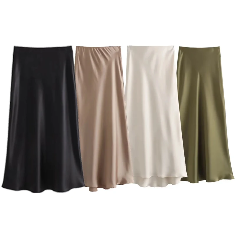 Hxao-女性用サテンモノクロスカート、ハイウエストスカート、シルクテクスチャ、エレガントなストリートウェア、スリムスカート、夏、2024