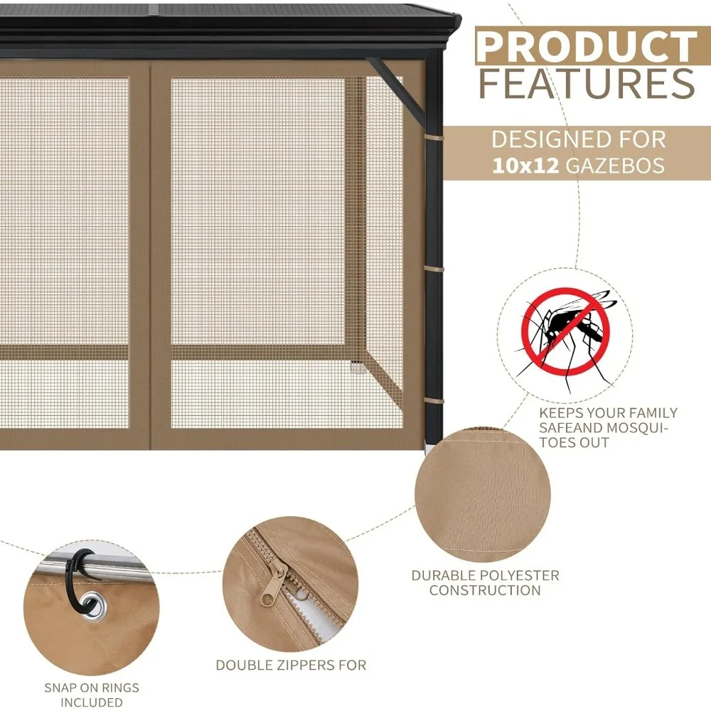 Gazebo-Mosquiteiro de substituição universal, tela de malha ao ar livre, parede lateral com 4 painéis com zíper, 10 'x 12'