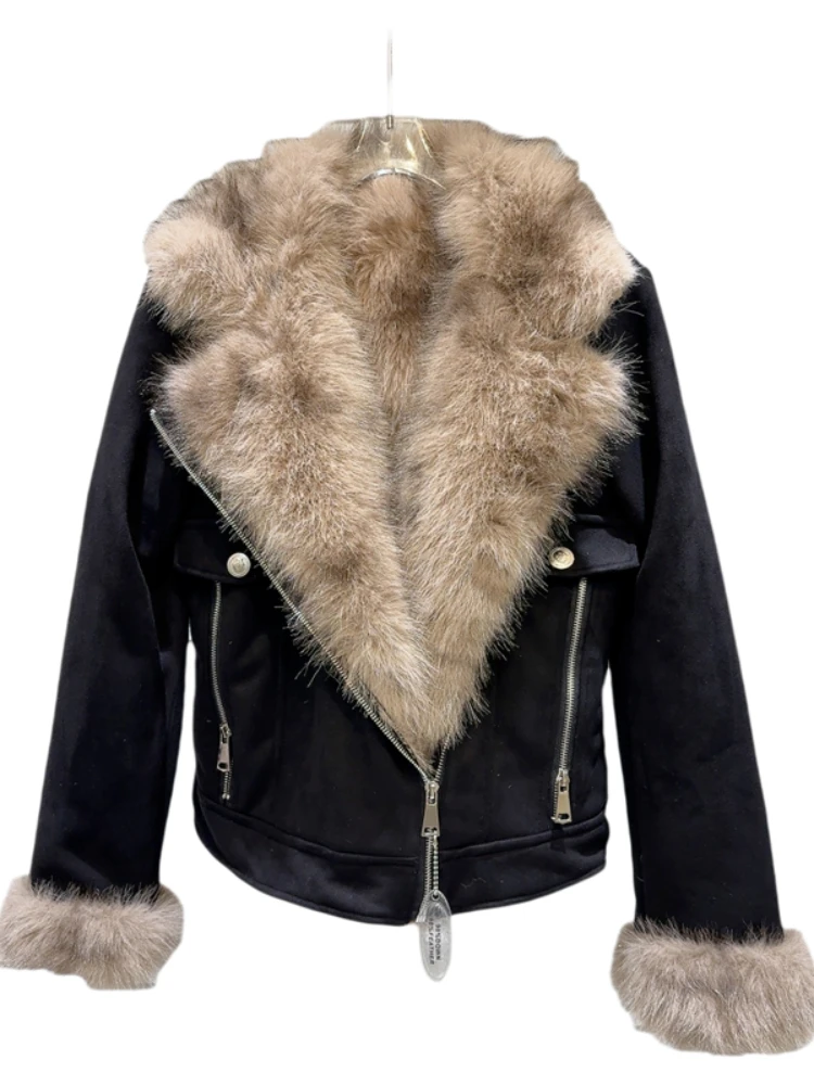 Vintage Faux Suede Moto Jacket Women Winter Short Coat with Fur Collar Thick Warm Zipper Biker Outerwear Retro Chic Streetwear