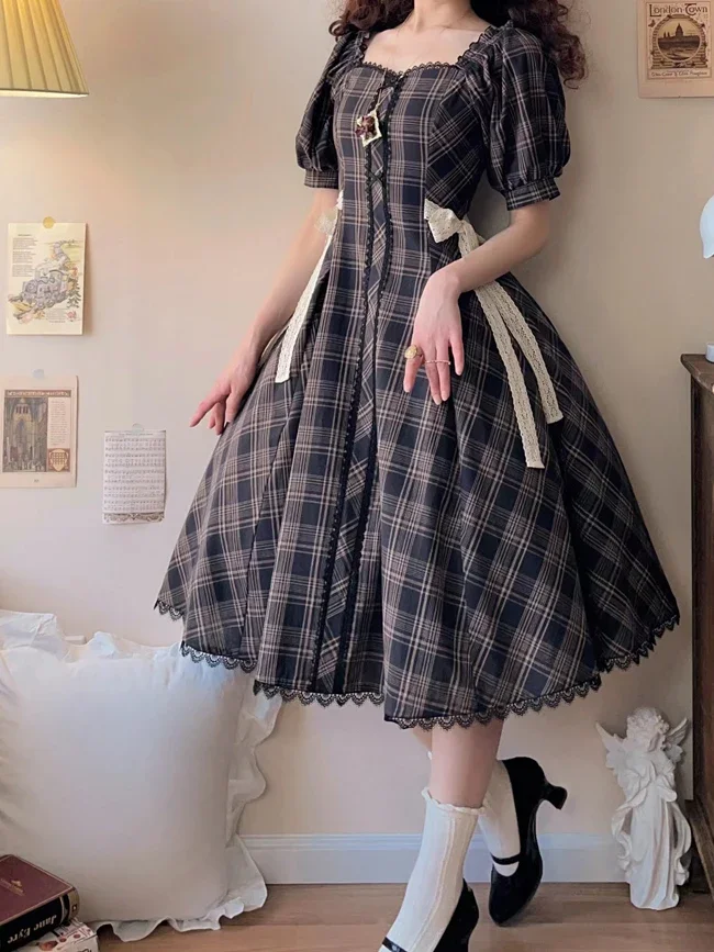 Preppy Style Op Plaid Elegant Slim Lolita Dress 2024 Spring and Summer Women Girls Short Sleeve JK Calf-length Dresses