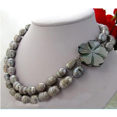 

Favorite Pearl Jewelry,2Rows 18mm Rice Baroque Gray Freshwater Pearl Necklace,Perfect Wedding Birthday Party Charming Women Gift