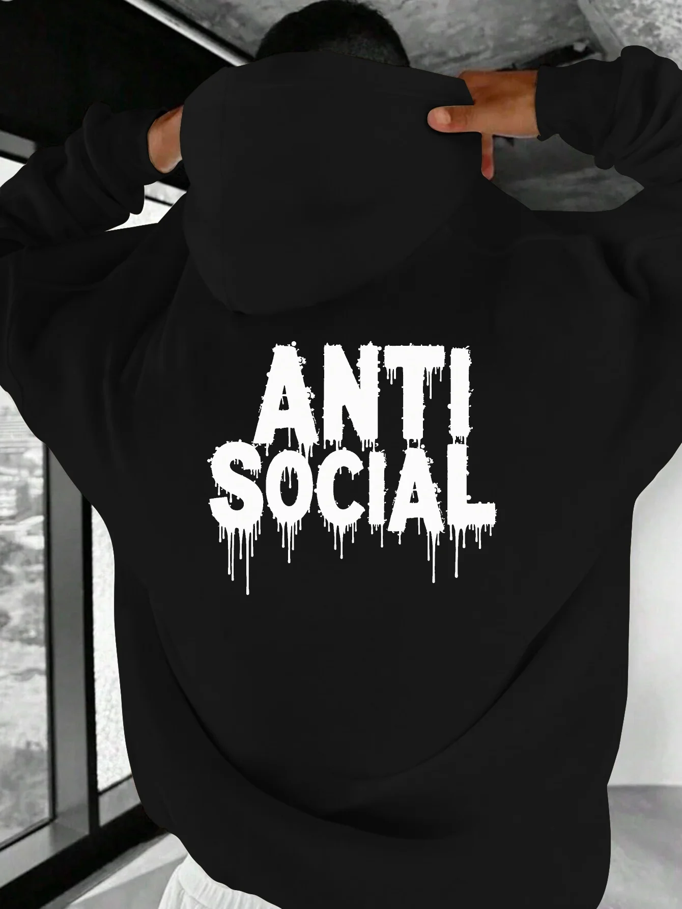 Men Anti Social Hoodie Hip Hop Sport Drip Graffiti Print Oversized Gray Streetwear Pullover Sweatshirt with Front Pocket