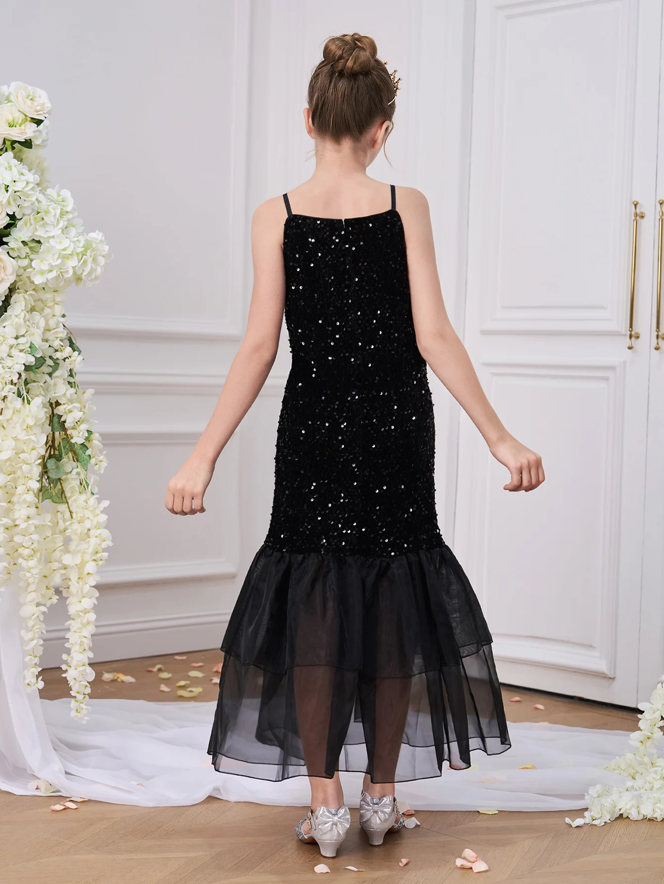 Shiny Sequin Party Girls Dress Elegant Wedding Bridesmaid Princess Evening Prom Gown Fashion Tull Baptism Birthday Party Dresses