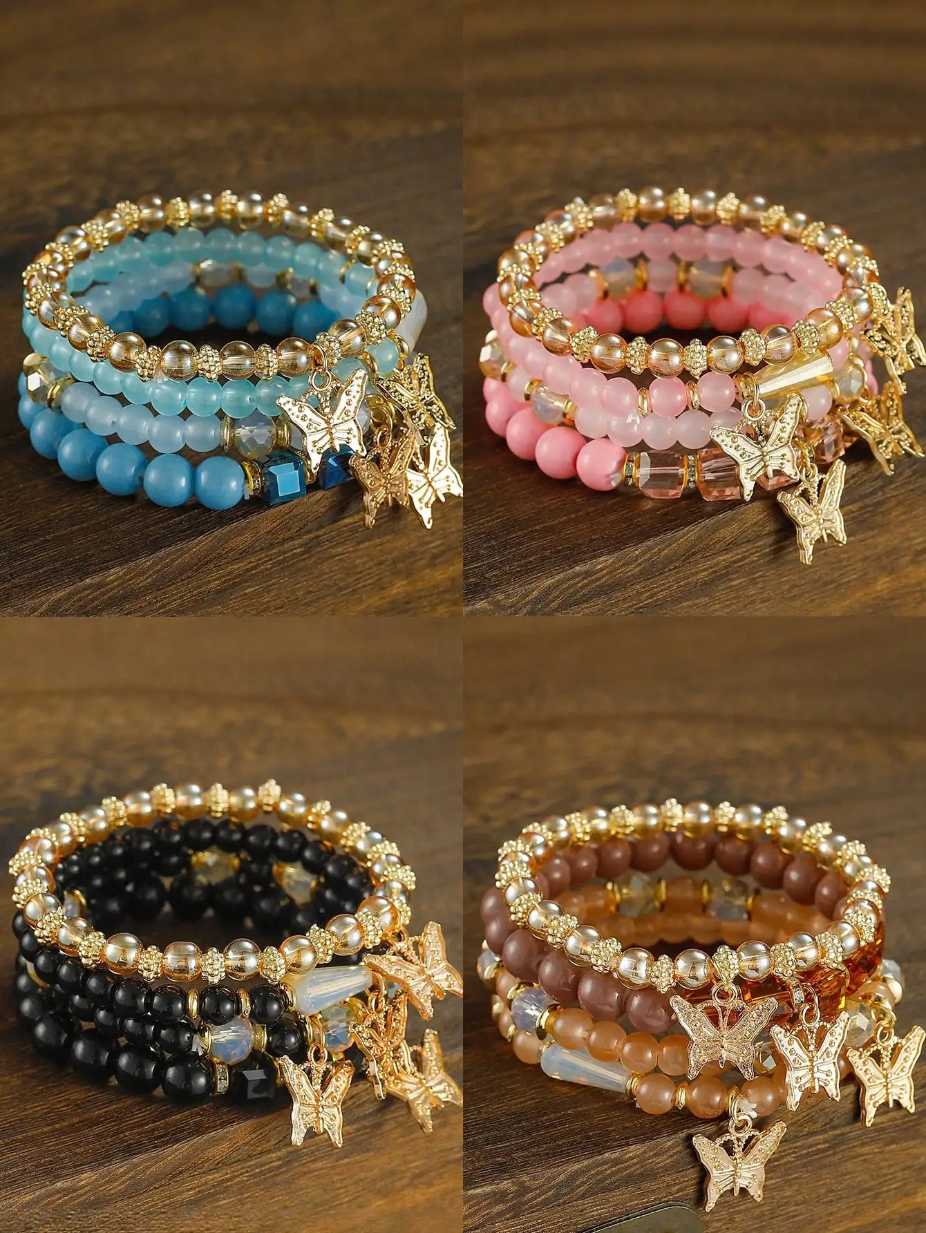 4 Packs Girls' Bohemian Creative Bracelets Girls' Jewelry Butterfly Crystal Multi-Layer Beaded Fashion Bracelets