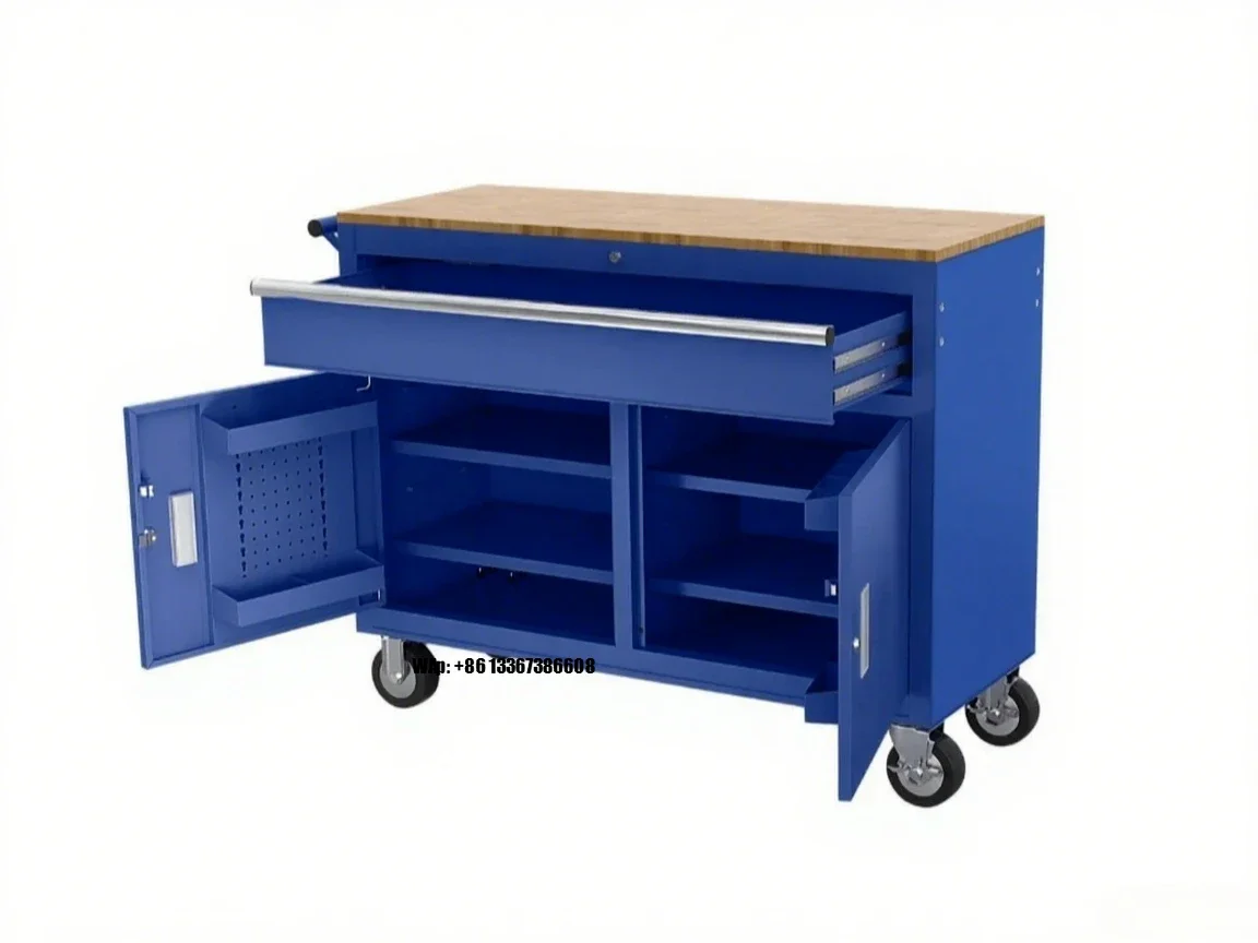 Mobile Workbench with Solid Wood Top Tool Cabinet Black