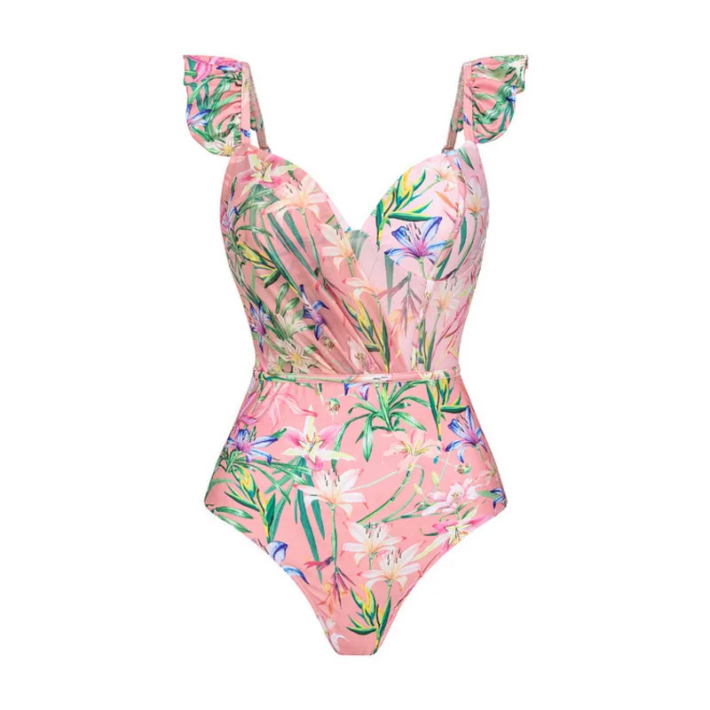 Mesh Patchwork Printed One-piece Swimsuit Women's Mini Ruffle Edge Vacation Sexiness High Elasticity Floral  Tight-fitting Suit
