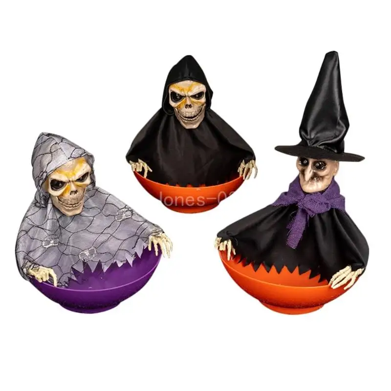 Q6PE Spooky Skeleton Candy Holder with Light Up Red Eyes and Moving Parts Screaming