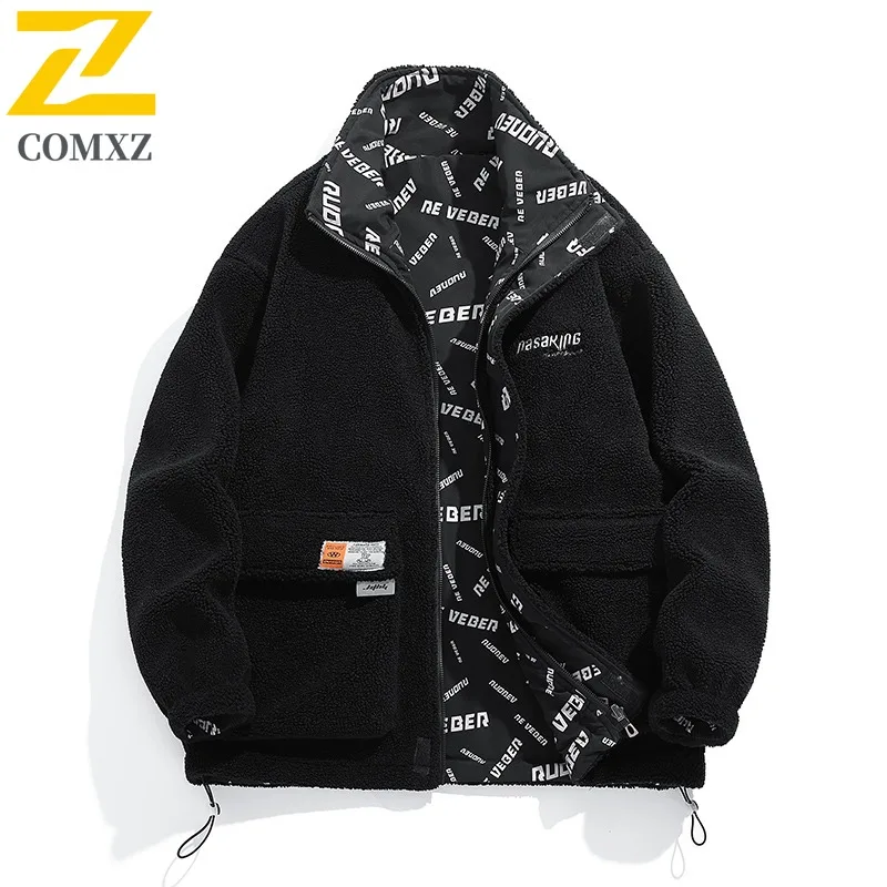 COMXZ Lamb Wool Fleece Jacket Winter Wear on Both Sides Cardigan Jackets Stand Collar Design Outdoor Travel Windproof Clothing