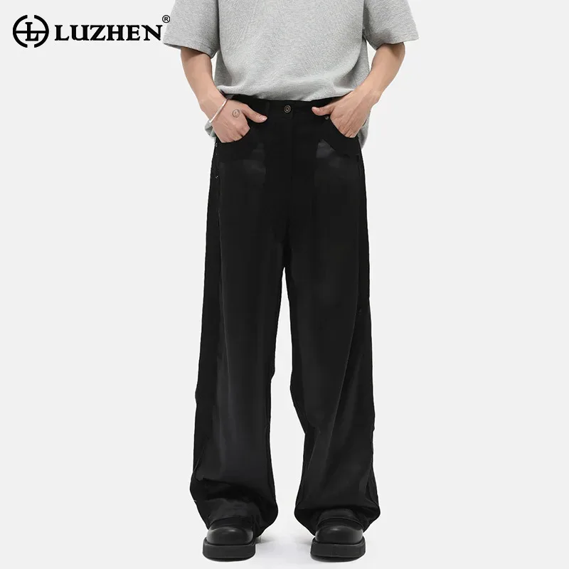 

LUZHEN Splicing 2025 Straight New Design Fashion Casual PU Jeans Men's Original High Quality Loose Wide Leg Denim Pants JY5567
