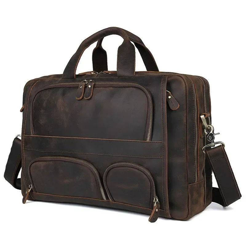 Porte-documents pour ordinateur portable 17.3 pouces, sac fourre-tout d'affaires en cuir véritable pour hommes, grand sac à main rétro pour voyage, sac bref pour hommes