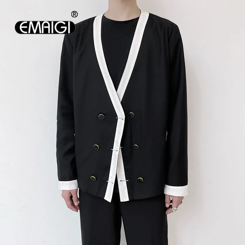 

Men Double Breasted V-neck Casual Suit Blazers Jacket Male Vintage Fashion Loose Suit Coat Outerwear
