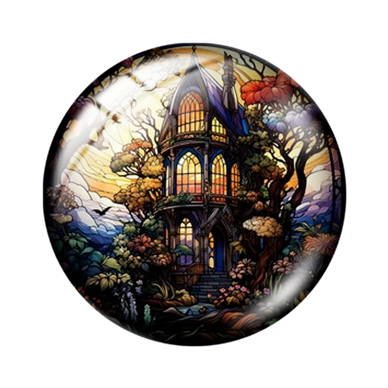 Treehouse Idyll Stained colored pattern 12mm/16mm/20mm/25mm/30mm demo flat back making mixed 10pcs Round photo glass cabochon fi