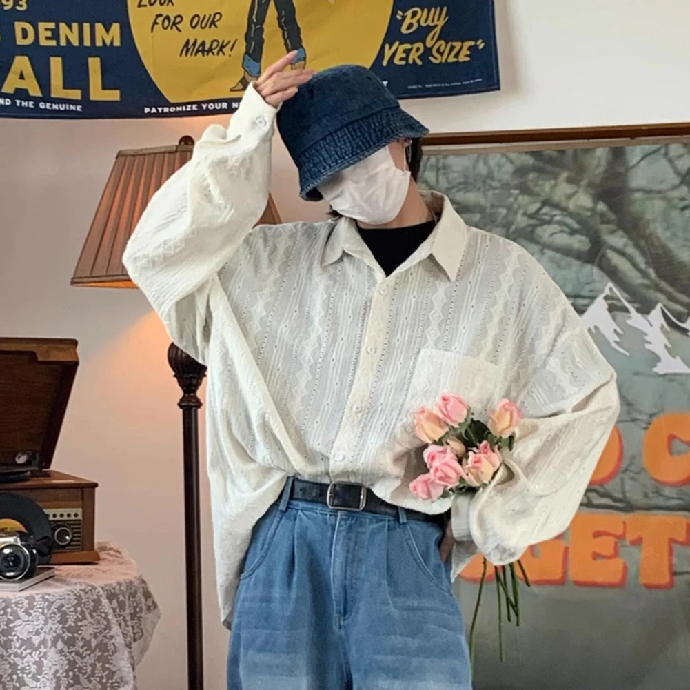 Camisas para hombres albaricoque guapo solapa blusa vacaciones ahueca hacia fuera la moda Sexy ropa para hombres moda malla camisas de manga larga