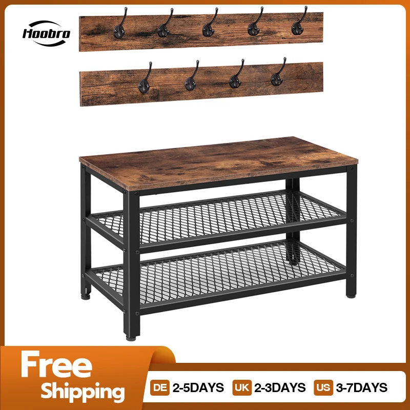 HOOBRO Wardrobe Shoe Bench Set With 9 Coat Hooks Coat Rack With Bench Hall Tree Entryway Storage Bench Hallway 3-in-1 Design