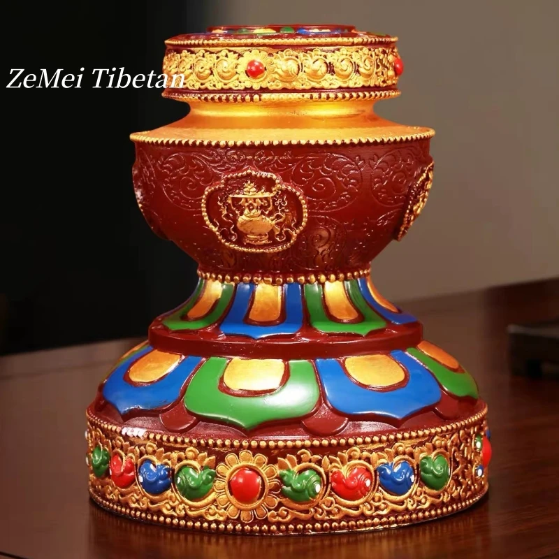 Rueda de Oración Tibetana con Flores Gesang Pintadas y Ocho Auspicios, Base de Resina con Soporte de Estaño, Artículo Budista para el Hogar