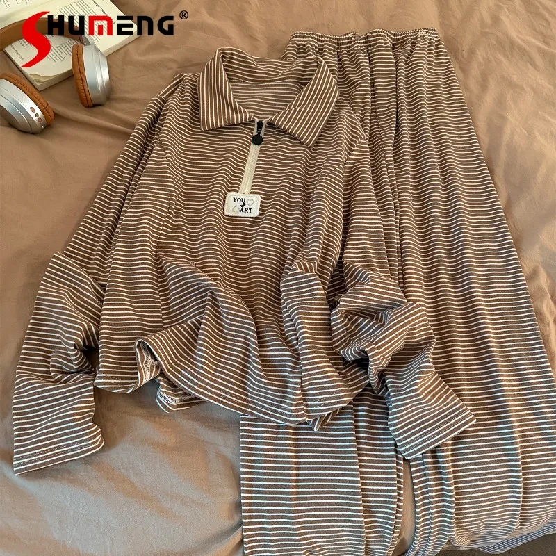 

High End Sleepwear for Women Autumn Winter New Striped Thickened Warm Loungewear Suits Female Japanese Loose Homewear Set