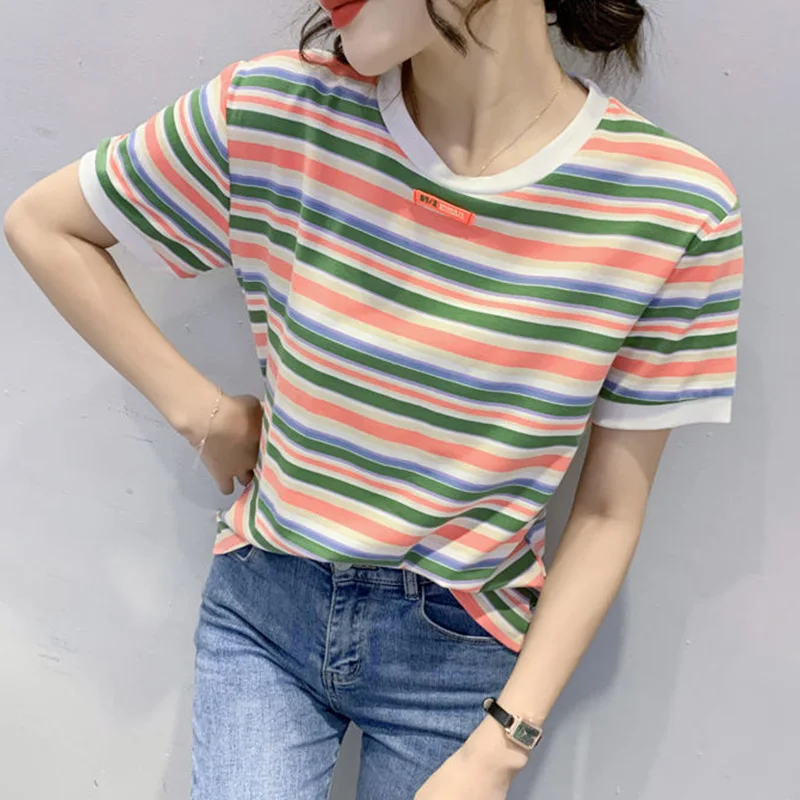 Summer Clothes for Women Multicolour Striped Printing Pullover T-Shirt Casual Round Neck 100% Cotton Short Sleeve Loose Tops