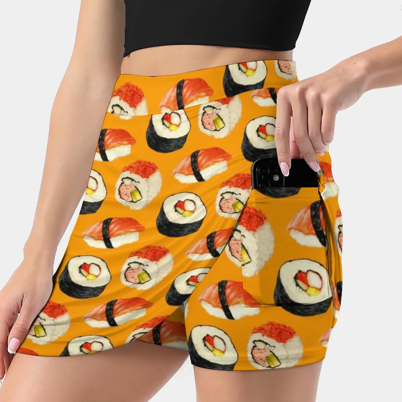 Sushi Pattern - Orange Women Mini Skirt Two Layers With Pocket Skirts Sport Fitness Running Skorts Food Sushi Vintage Retro