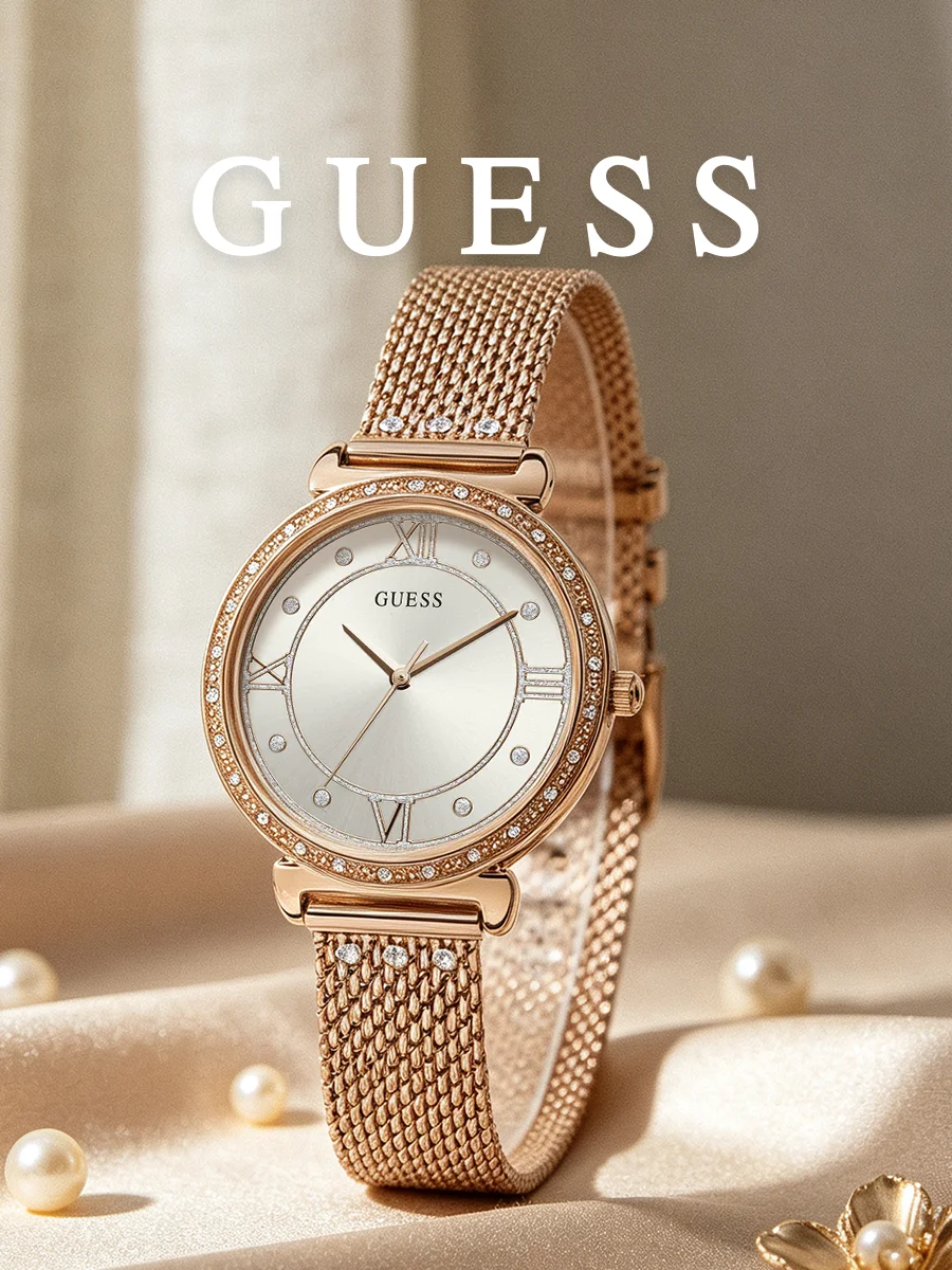 Guess Women's Quartz Watch Rose Gold Tone Mesh Stainless Steel Analog Rhinestone Bezel Accessory for Daily Wear Fashion Gift