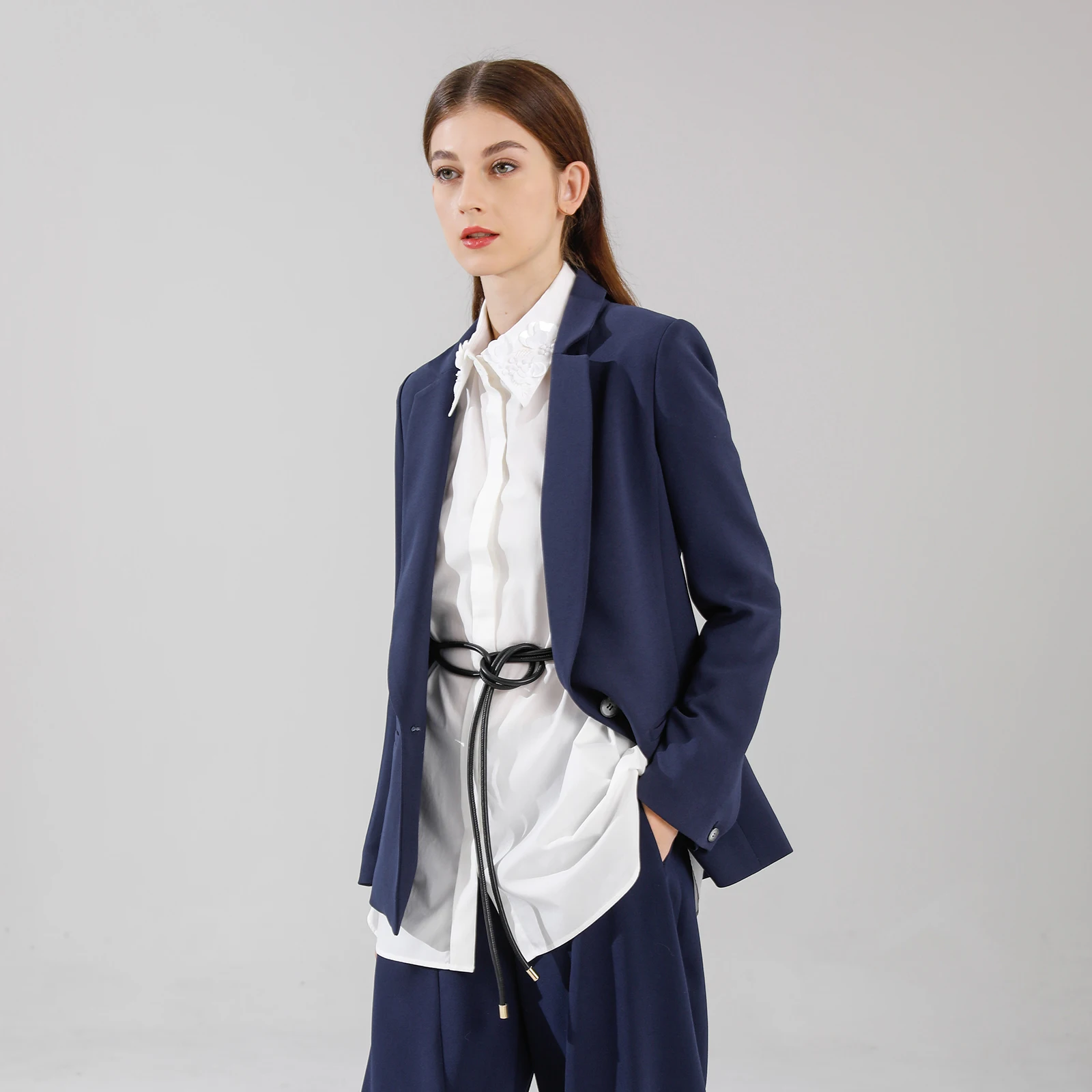 Classic Deep Blue One Button Suit Jacket Comfortable Commute Design Original Design Women's Fashion Polyester Long Sleeve
