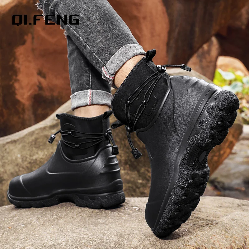 Men\'s Rain Shoes Leather Top Thick Sole High Top Anti Slip Water Shoes Outdoor Mountaineering Plush Warm Boots Work Safety Boots