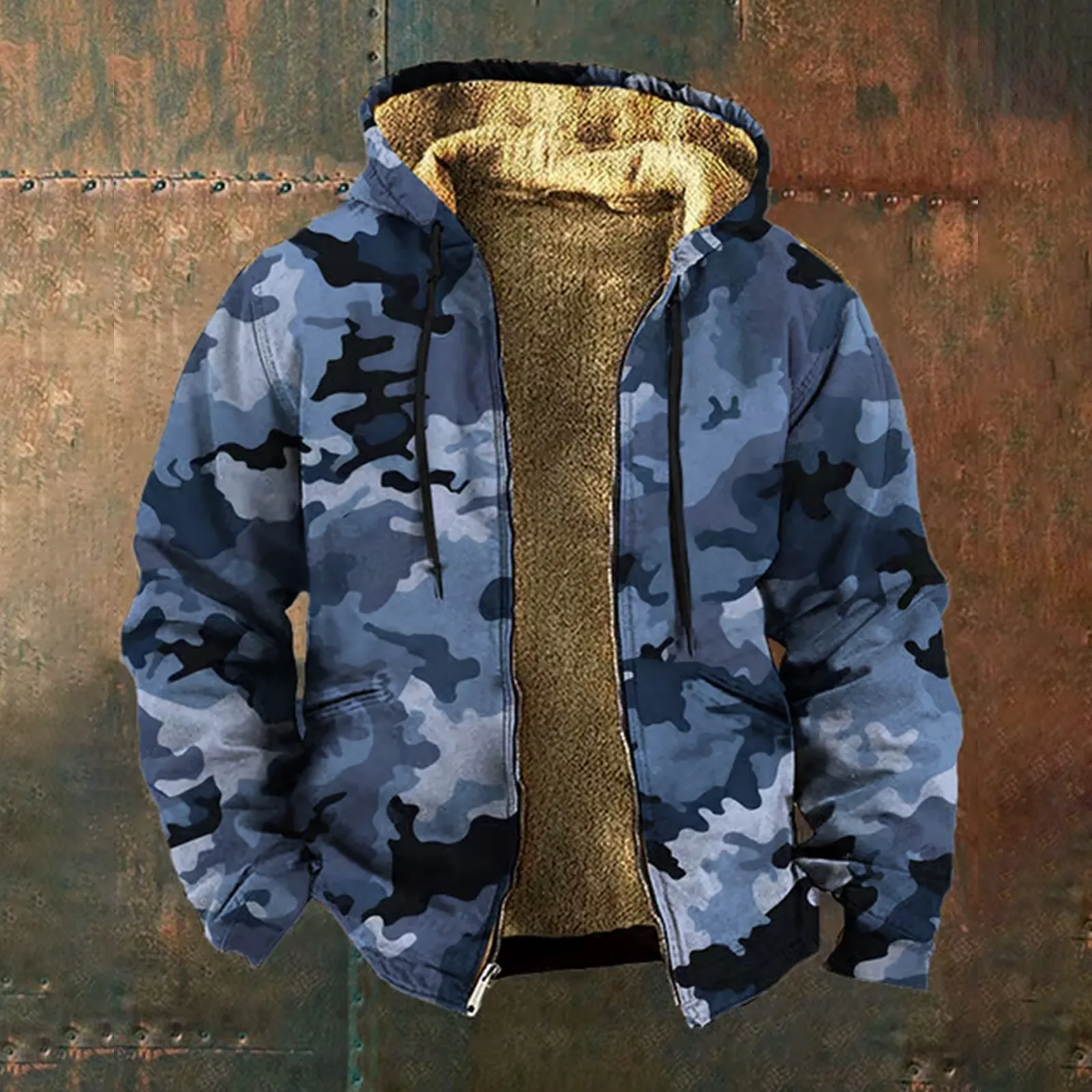 Camouflage Hoodies Men'S Zipper Casual Winter Clothing Long Sleeve Sweatshirts Soft Baggy Cotton Lined Hooded Jacket Outerwear