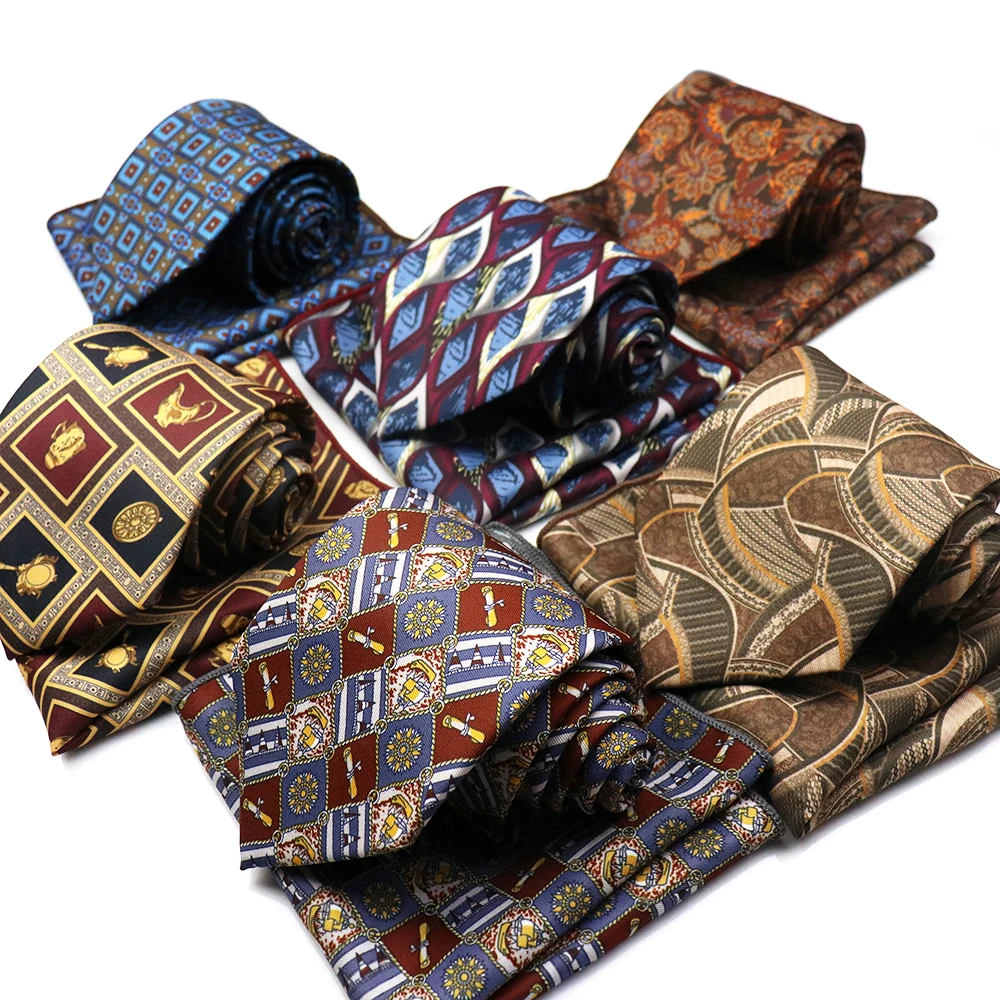 2pcs Set Vintage Neckties Adult Size Creative Printing Animal Flower Pocket Square Brown Style Neck Ties Set Hanky Soft Cravat