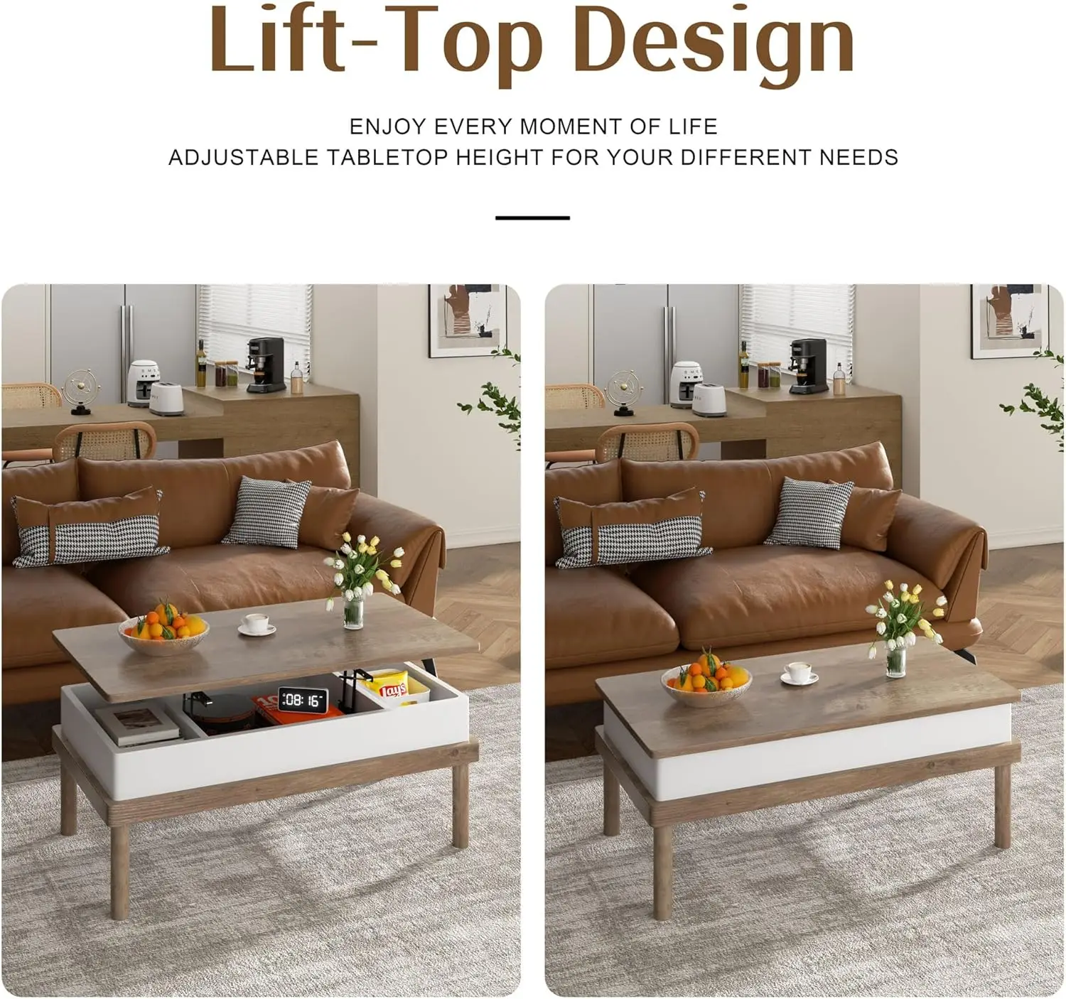 Ivory Lift Top Coffee Table - Rising Tabletop Convertible to Dining Table with Hidden Compartment for Living Room/Office/Home