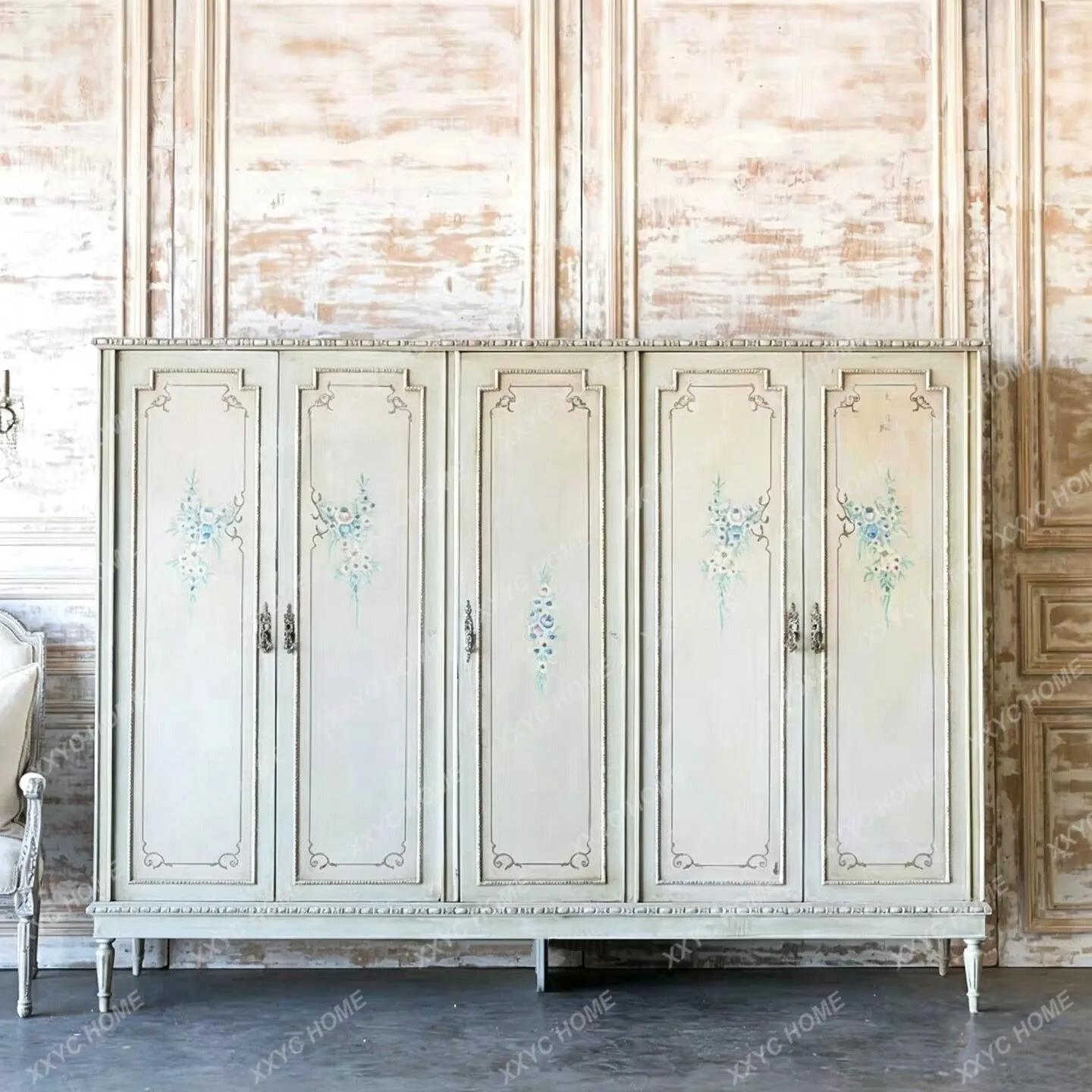 Retro old solid wood carving flower storage wardrobe rural antique hand-painted bedroom storage large wardrobe