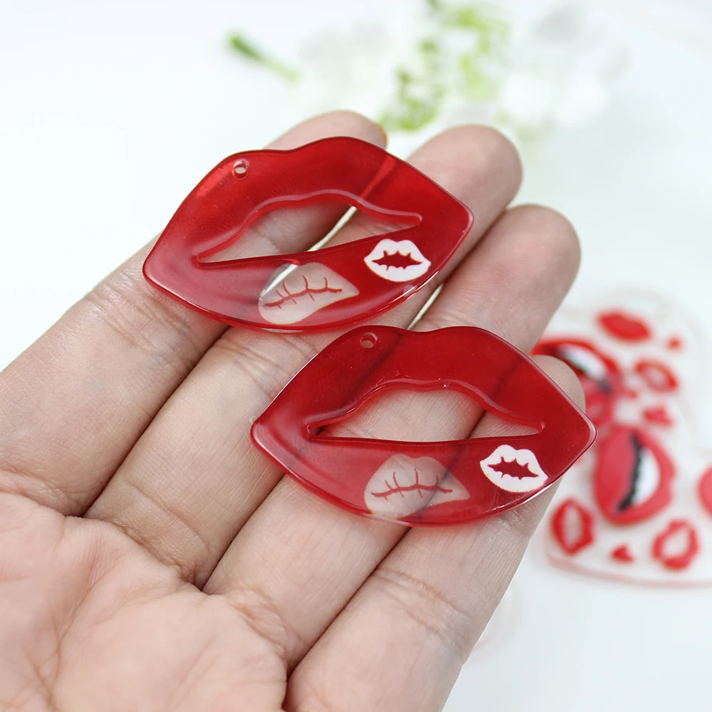 10Pcs/ Acrylic Valentine Day Sexy Heart Red Lip Kiss Me Mouth Charm Pendant For Diy Earring Necklace KeyChain Jewelry Making