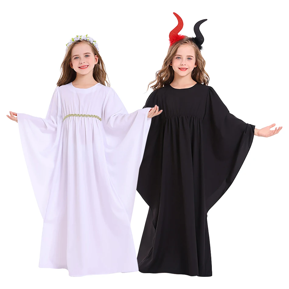 Spooky and Cute Girls Halloween White Dress Fashionable Angel and Demon Kids Cosplay Dresses Stage Performance Girls Dresses