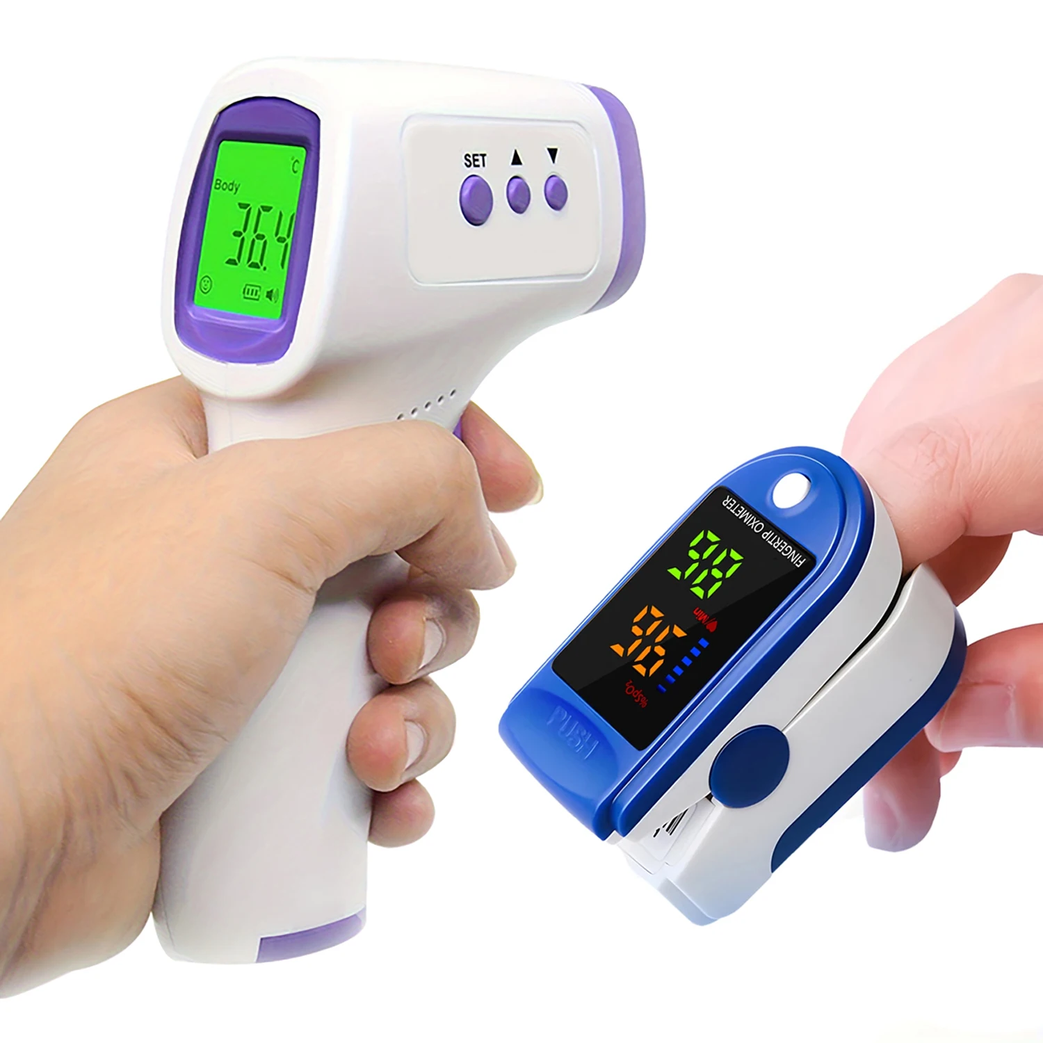 Medical Body Thermometer Backlit Non-Contact Digital Fever Thermometer Measure Tool OR Mini Fingertip Oximeter Blood Oxygen Tool