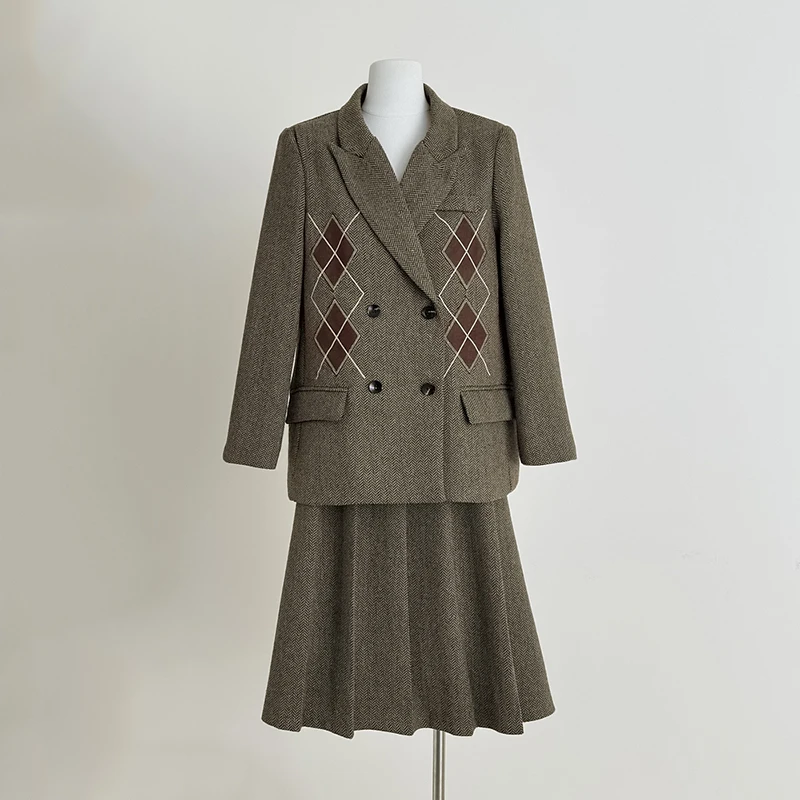 

Retro British-style Two 2 Piece Skirt Suits Diamond-patterned Patchwork Notched Suit Jacket Coat & Side Zip-up A-Line Skirt Sets